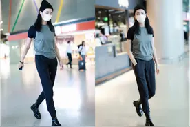 王紫璇机场当T台了，T恤叠穿背心配运动裤，简约风走出超模范图片