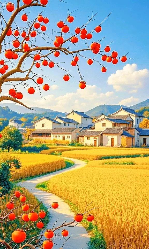 乡村的秋色，金黄麦浪翻涌，红柿枝头添喜，古村静美如画