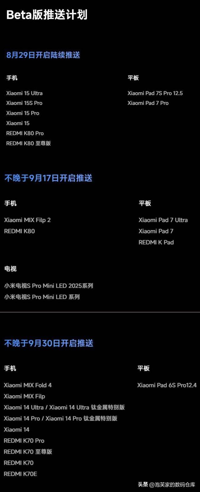 澎湃OS3 正式版内测包括Turbo4、K60E等46款；Beta版bug目前是这些