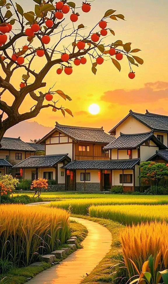 乡村的秋色，金黄麦浪翻涌，红柿枝头添喜，古村静美如画