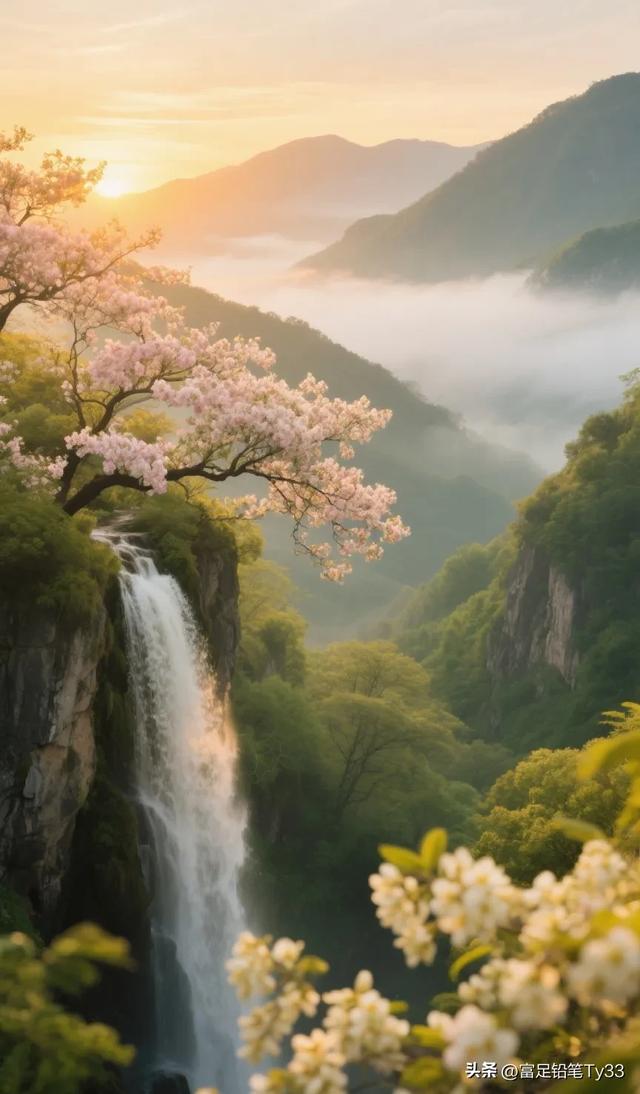 晨曦染瀑！粉花缀满山间，这处仙境藏着童话里的浪漫