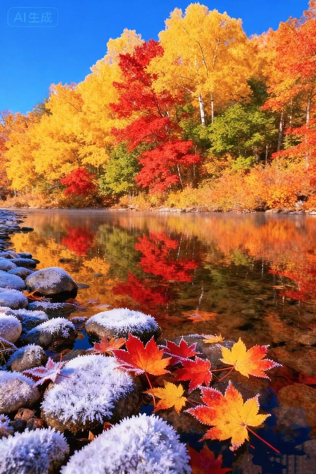 霜覆溪石，枫染红黄，秋溪藏尽斑斓色