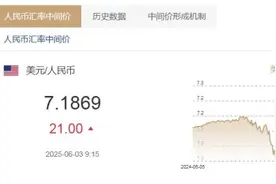 6月3日人民币对美元中间价报7.1869元 下调21个基点图片