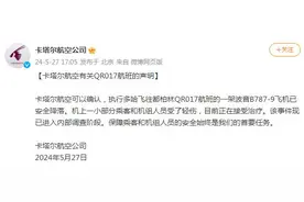 卡塔尔航空公司：执行QR017航班的波音B787-9飞机已安全降落，事件进入内部调查阶段图片